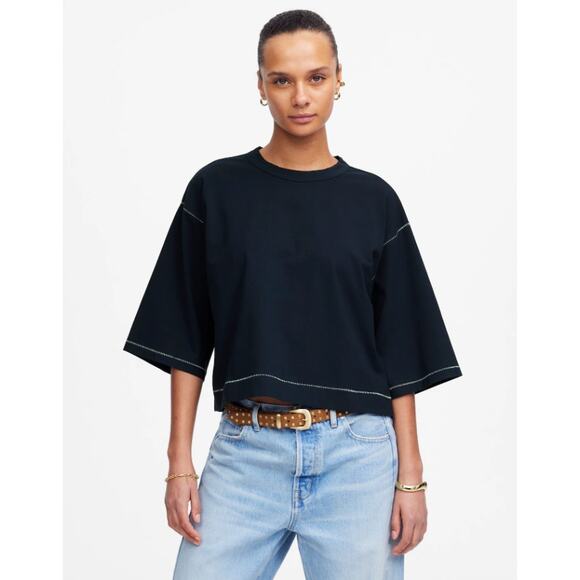 Madewell Wide Sleeve Boxy Tee WMNS 2XS Dark Navy Drop Shoulder Contrast Stitch - Picture 1 of 8